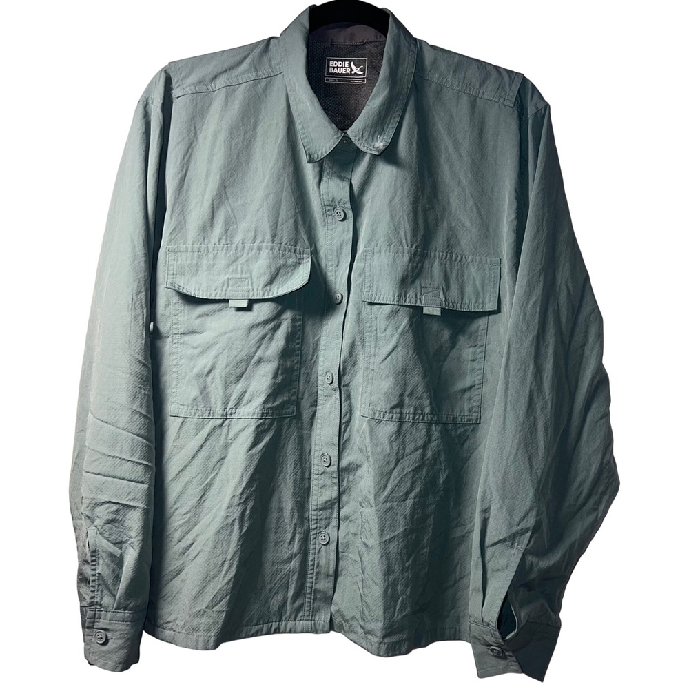 Eddie Bauer Button Up Shirt Womens XL Green Long Sleeve Hiking Utility Outdoor